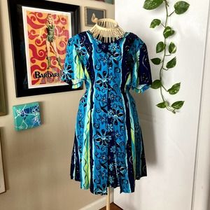 Vintage 80s Blue Hawaiian Dress
